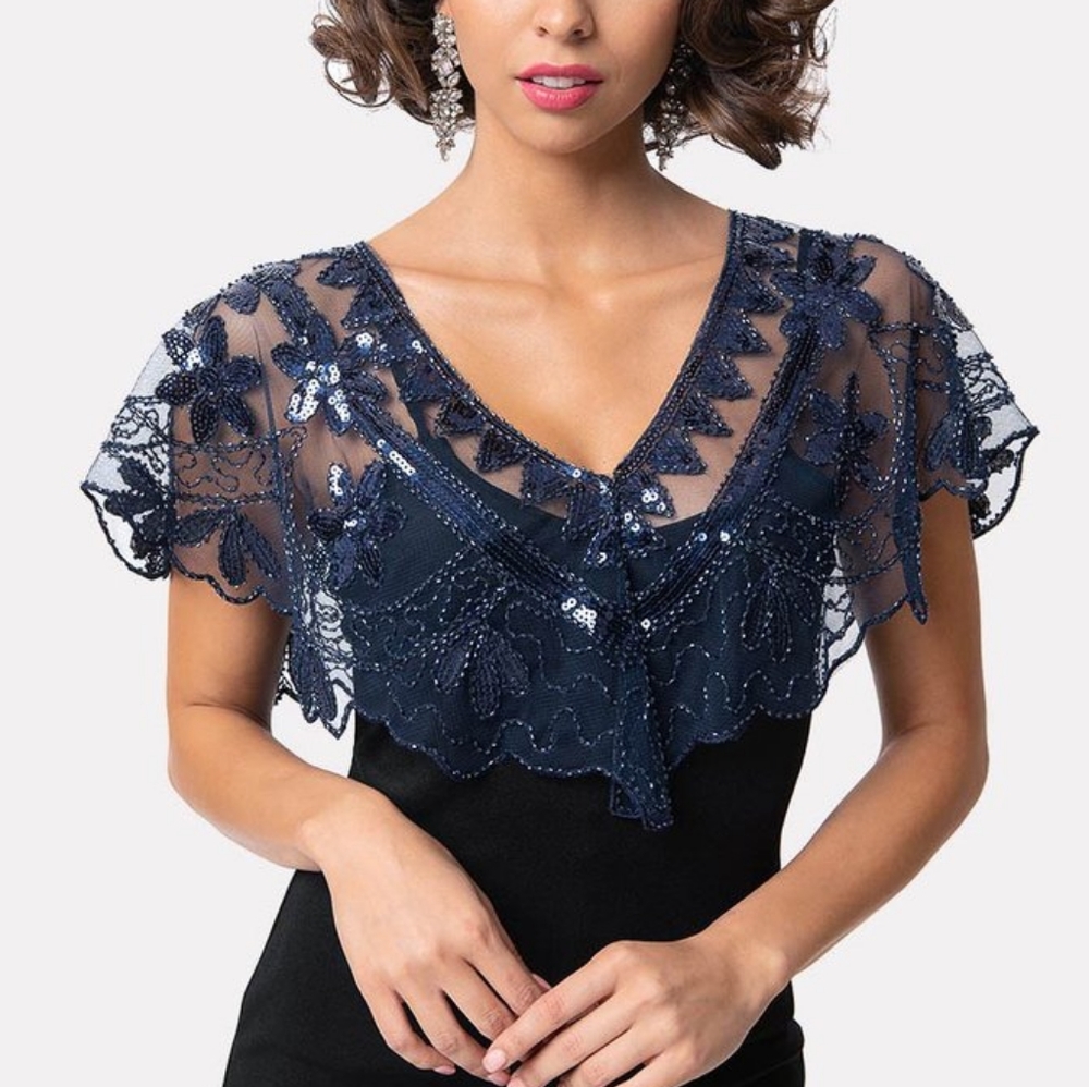 Blue mesh and sequin beaded caplet